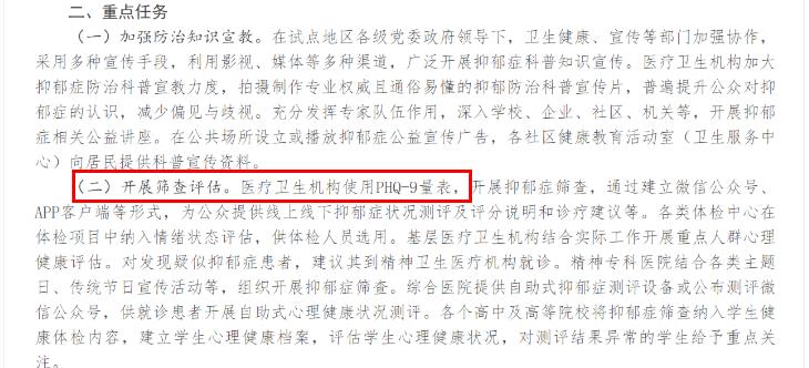 PHQ9量表開(kāi)展抑郁癥篩查評(píng)估